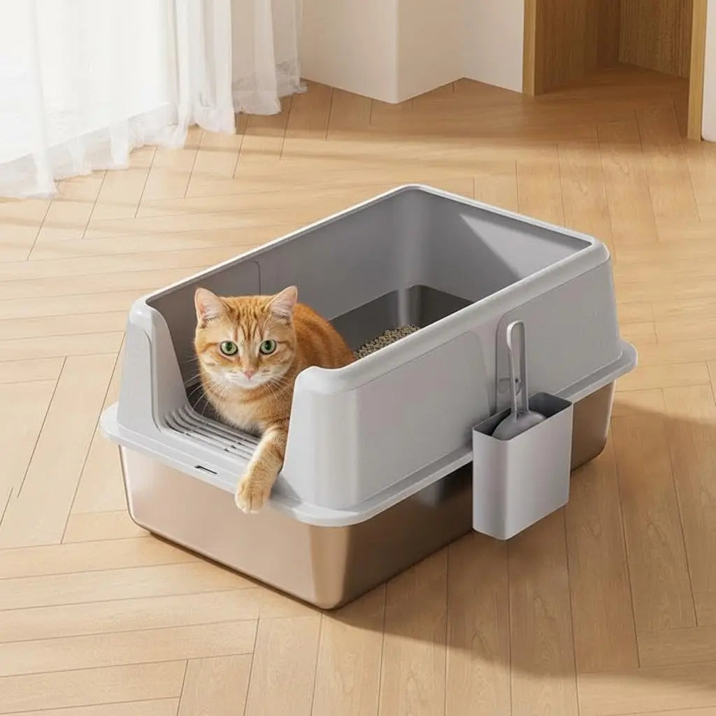 Durable Stainless Steel Litter Box with Lid Featuring Splash Guard,Leak-Proof Front Exit,Easy-Clean Non-Stick Tray,Odor Control