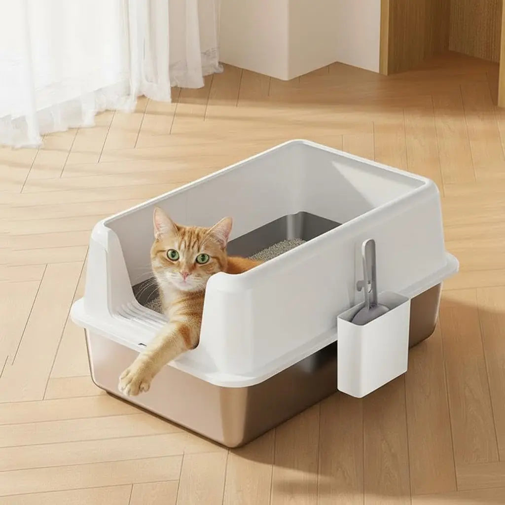 Durable Stainless Steel Litter Box with Lid Featuring Splash Guard,Leak-Proof Front Exit,Easy-Clean Non-Stick Tray,Odor Control