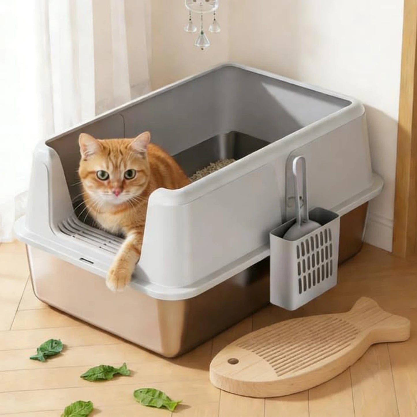 Durable Stainless Steel Litter Box with Lid Featuring Splash Guard,Leak-Proof Front Exit,Easy-Clean Non-Stick Tray,Odor Control
