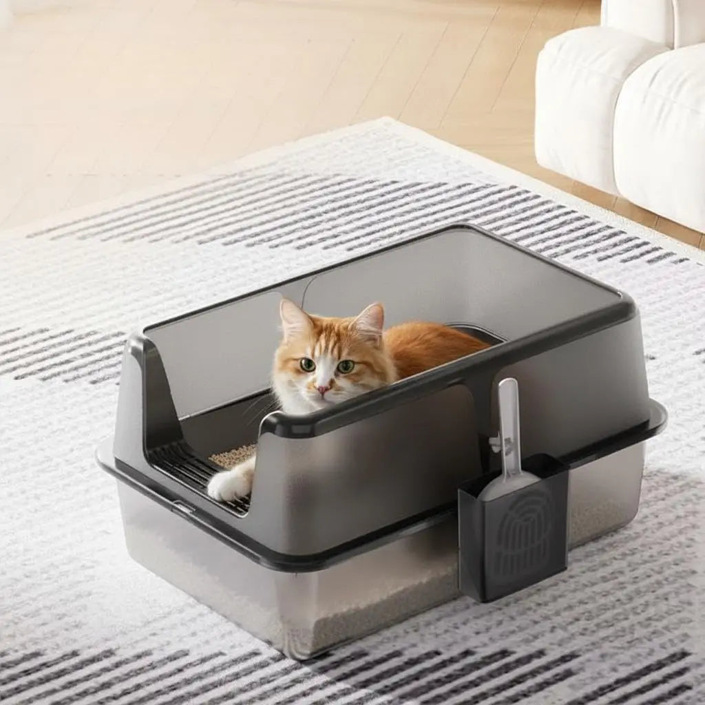 Durable Stainless Steel Litter Box with Lid Featuring Splash Guard,Leak-Proof Front Exit,Easy-Clean Non-Stick Tray,Odor Control