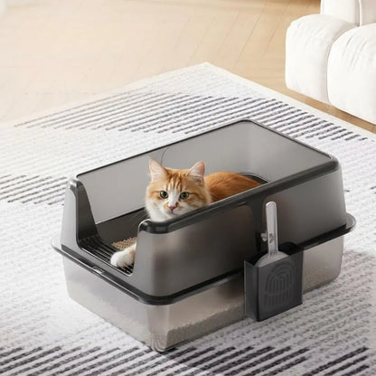 Durable Stainless Steel Litter Box with Lid Featuring Splash Guard,Leak-Proof Front Exit,Easy-Clean Non-Stick Tray,Odor Control