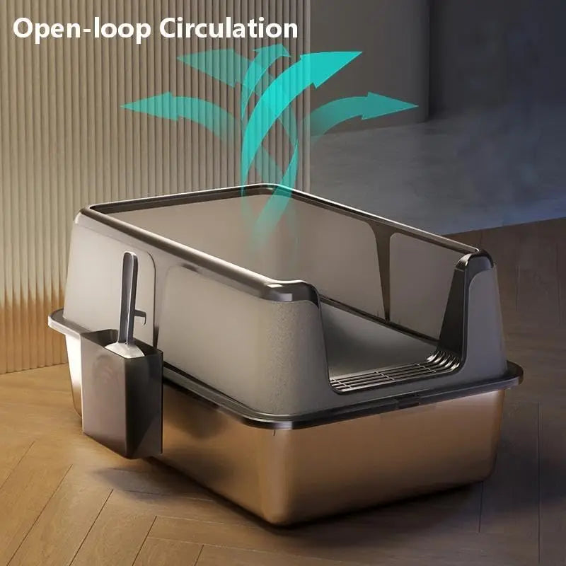 Durable Stainless Steel Litter Box with Lid Featuring Splash Guard,Leak-Proof Front Exit,Easy-Clean Non-Stick Tray,Odor Control